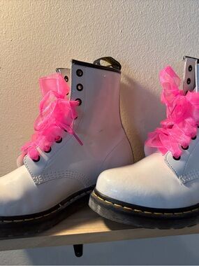 Dr. Martens White Patent Leather Boots with Pink Tulle Laces